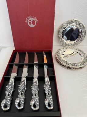 Arthur Court Grape Steak Knives Set + Matching Coasters Wine Entertaining